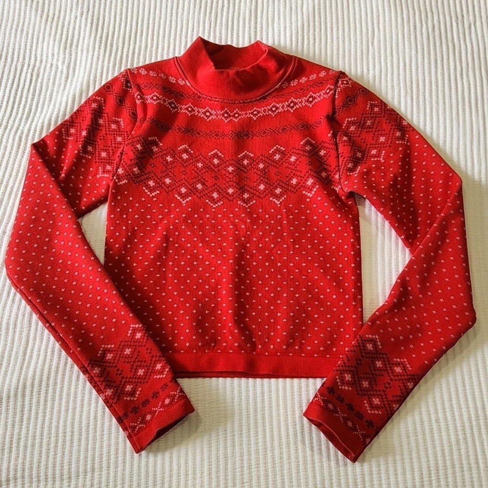 Fabletics Womens Red Fair Isle Mock Neck Long Sleeve Seamless Sweater Top XS
